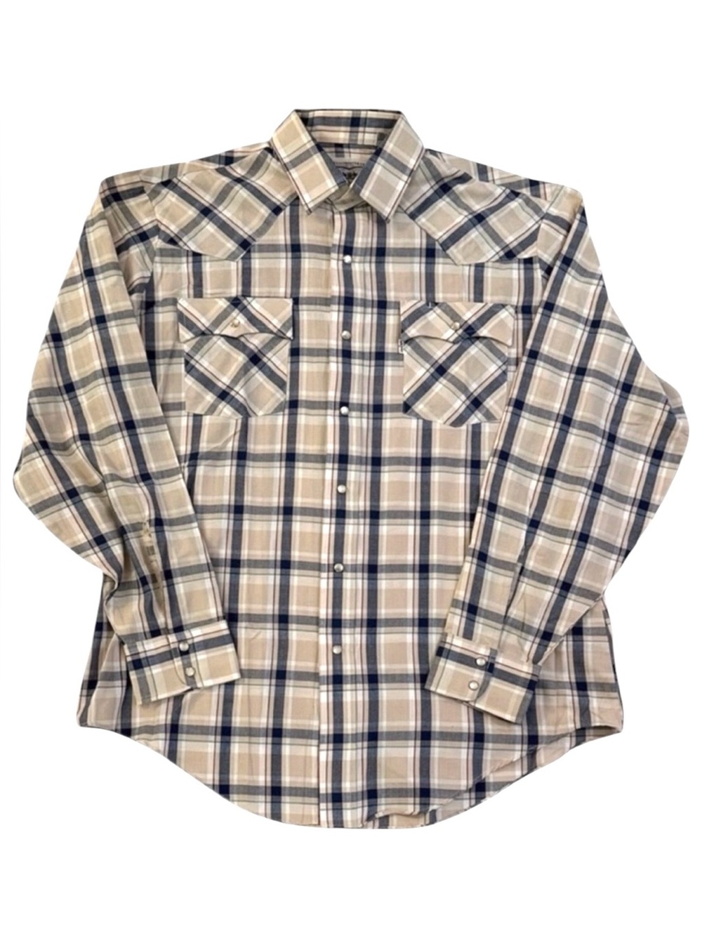 Vintage 80s Levis Pearl Snap Western Shirt Plaid Black Tan Large Korea